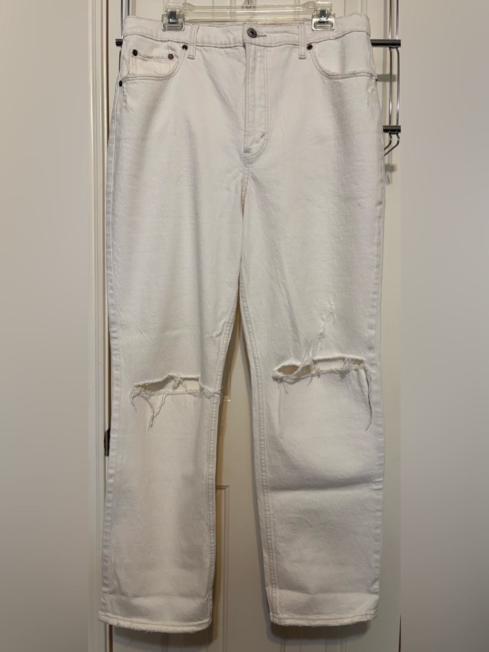 Abercrombie & Fitch Cream Straight-Leg Distressed Jeans